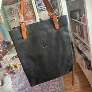Black Genuine Pebbled Leather Slim Tote with Brown Leather Accents